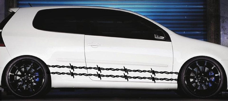barbwire vinyl decals on white sports car